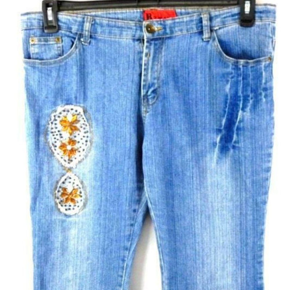 R2 PLUS EMBELLISHED HIPPIE BOOT CUT JEANS 38